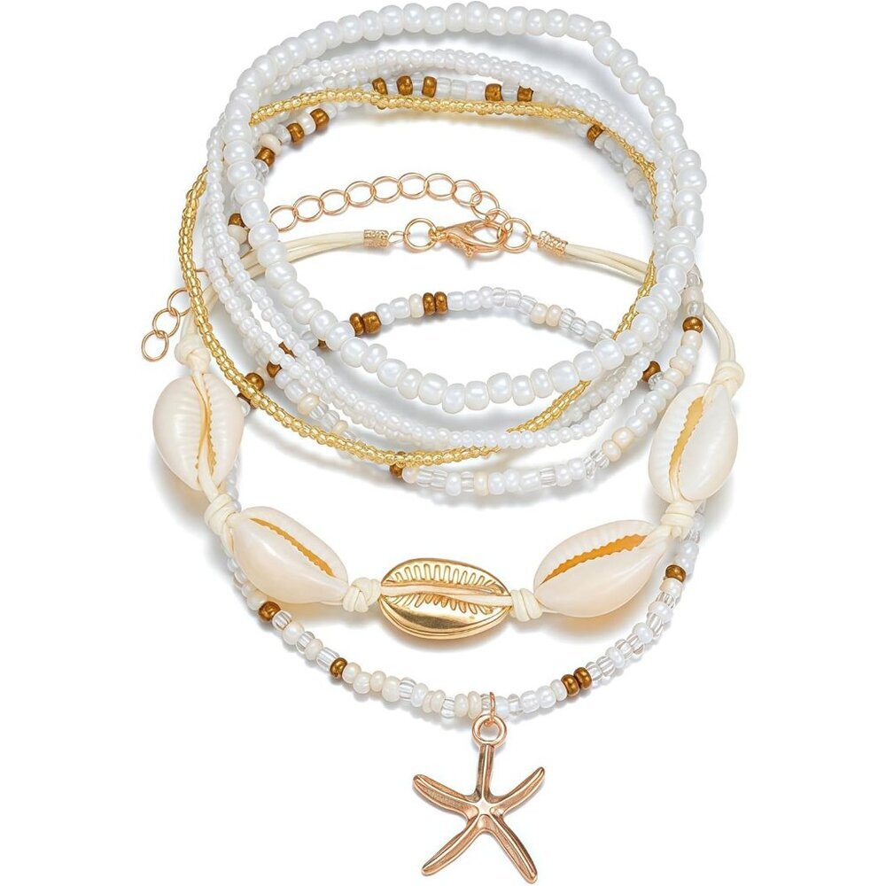 Shell Ankle Bracelet Set for Women Gold Plated Boho Bead Adjustable Anklet Gifts